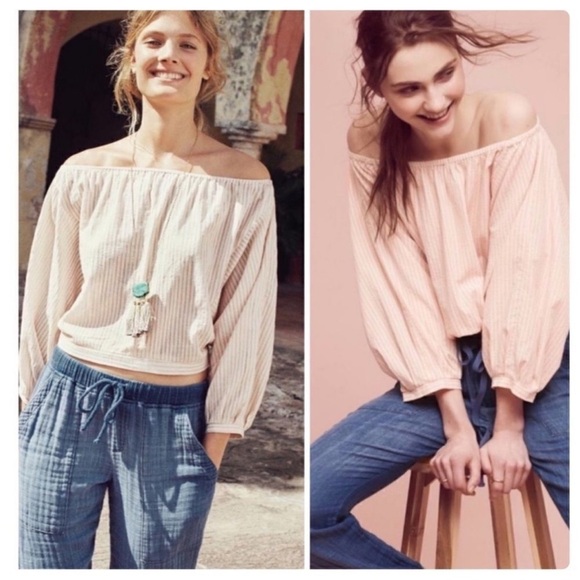 Anthropologie Tops - Holding Horses Pink/ Orange  Stripe “Aria” Off Shoulder Crop Top Small Cotton